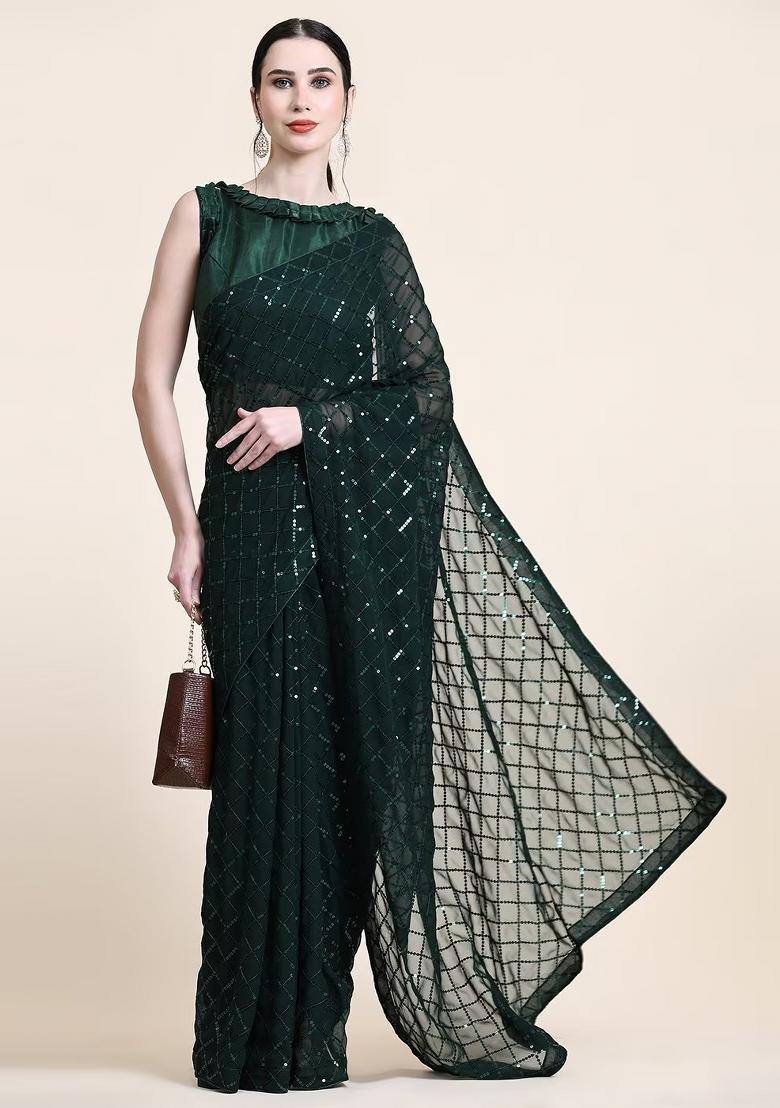 Green Zari Work Georgette Saree Set - Indya