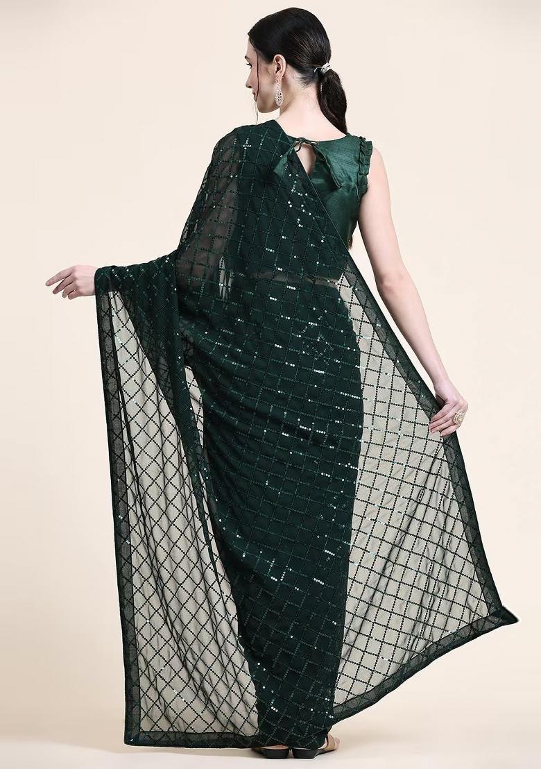 Green Zari Work Georgette Saree Set - Indya