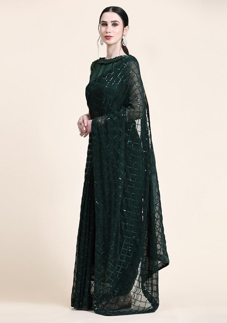 Green Zari Work Georgette Saree Set - Indya