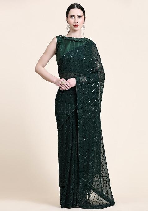 Green Zari Work Georgette Saree Set — view on Indya