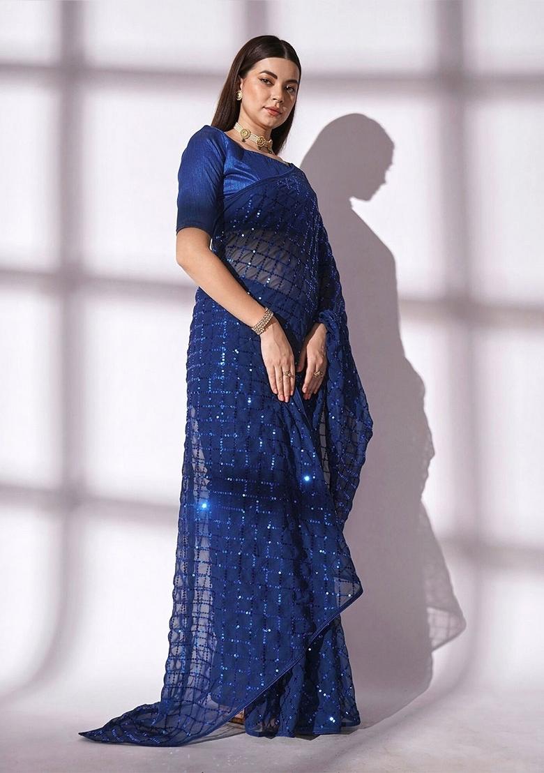 Navy Blue Zari Work Georgette Saree Set - Indya