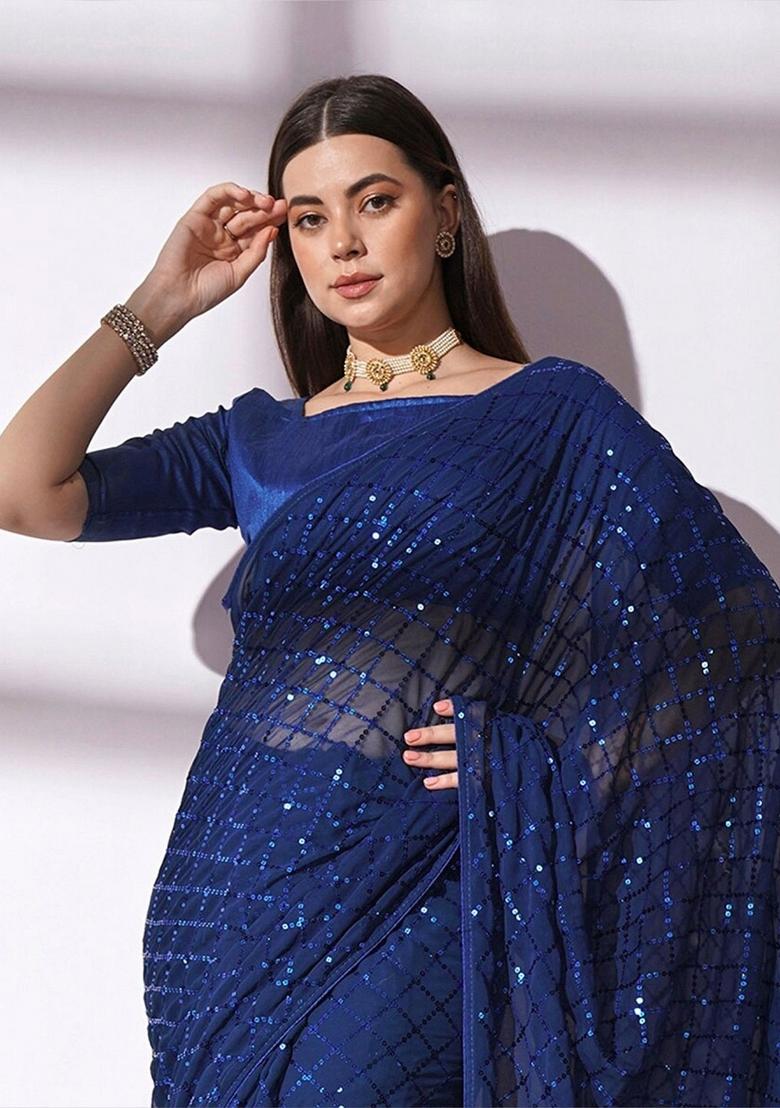 Navy Blue Zari Work Georgette Saree Set - Indya