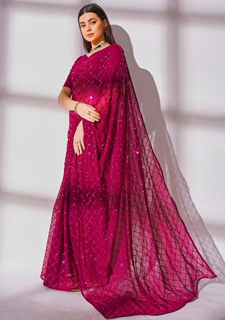 Pink Zari Work Georgette Saree Set - Indya