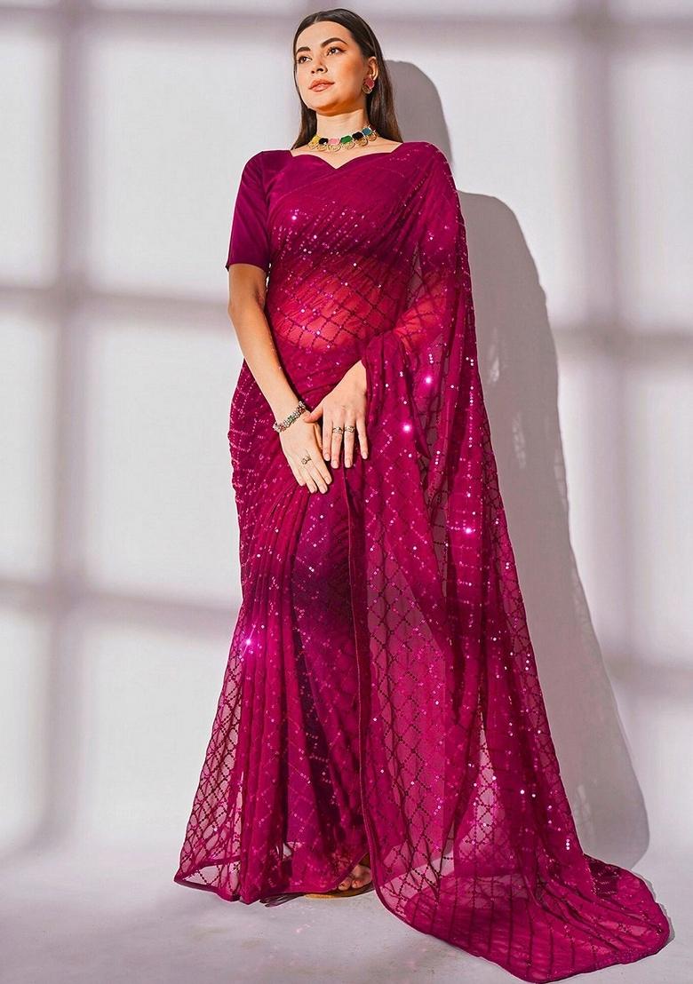 Pink Zari Work Georgette Saree Set - Indya