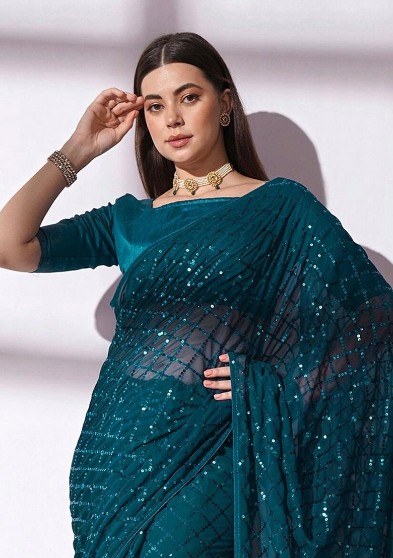 Rama Zari Work Georgette Saree Set - Indya