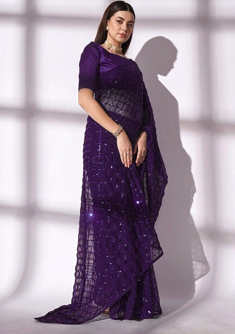 Wine Zari Work Georgette Saree Set - Indya