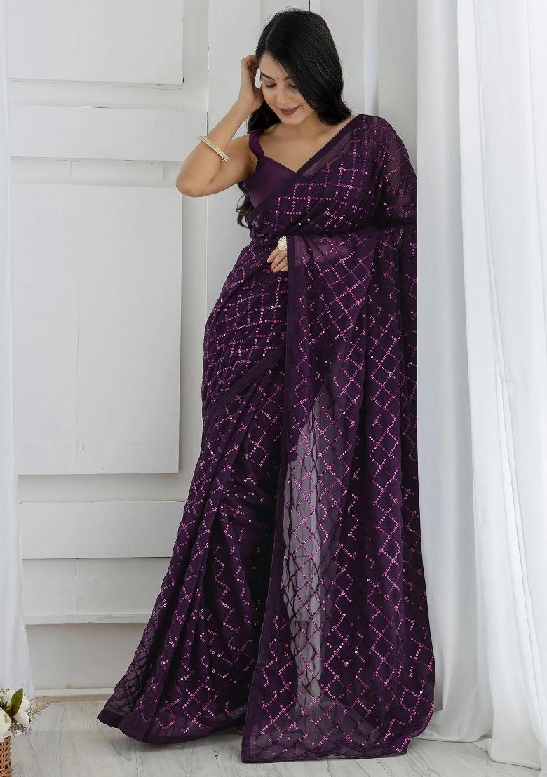 Wine Zari Work Georgette Saree Set - Indya