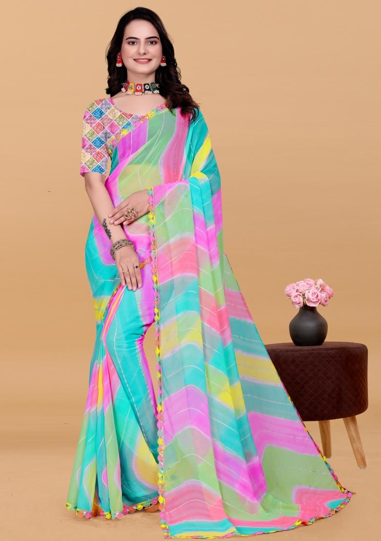 Multicolor Zari Work Georgette Saree Set - Indya
