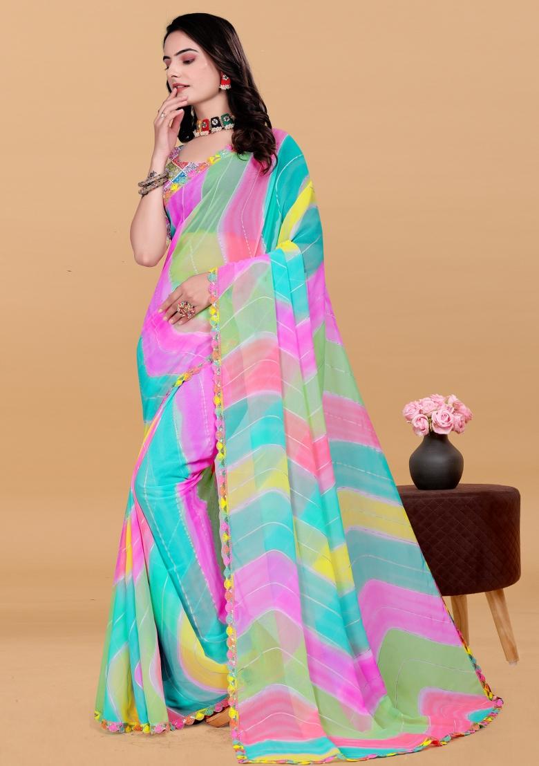 Multicolor Zari Work Georgette Saree Set - Indya