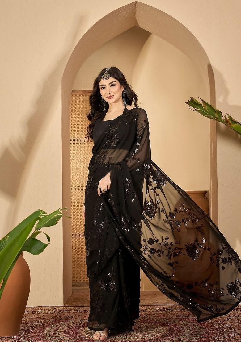 Black Zari Work Georgette Saree Set - Indya