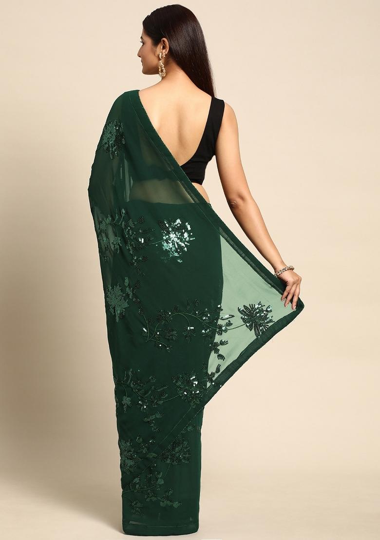 Green Zari Work Georgette Saree Set - Indya