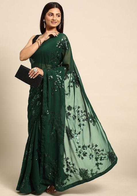 Green Zari Work Georgette Saree Set — view on Indya