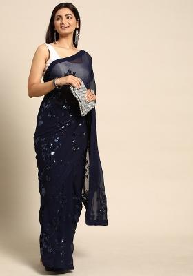 Navy Blue Zari Work Georgette Saree Set