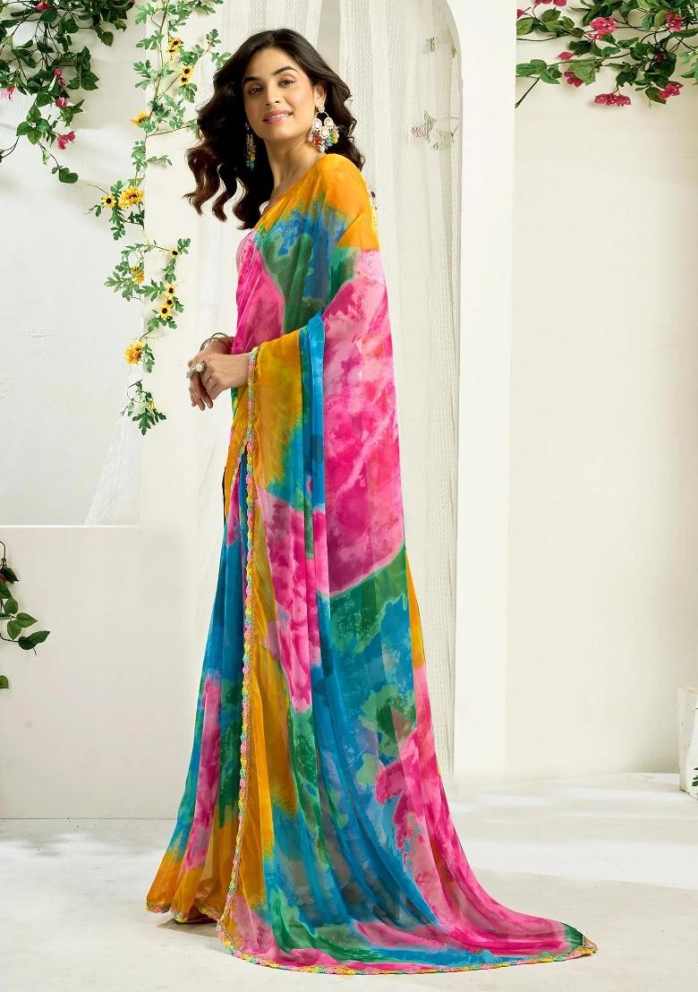 Multicolor Zari Work Georgette Saree Set - Indya