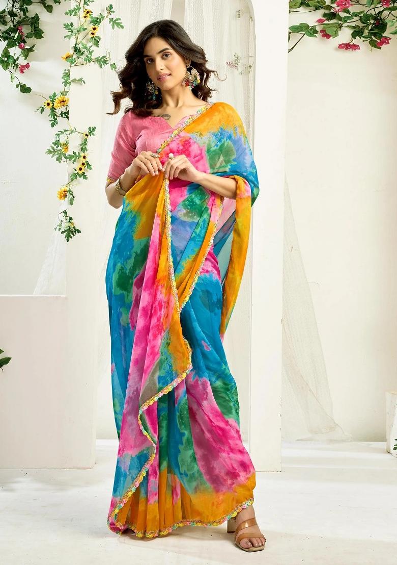 Multicolor Zari Work Georgette Saree Set - Indya