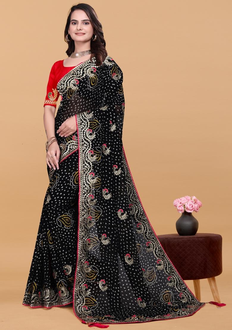 Black Zari Work Georgette Saree Set - Indya