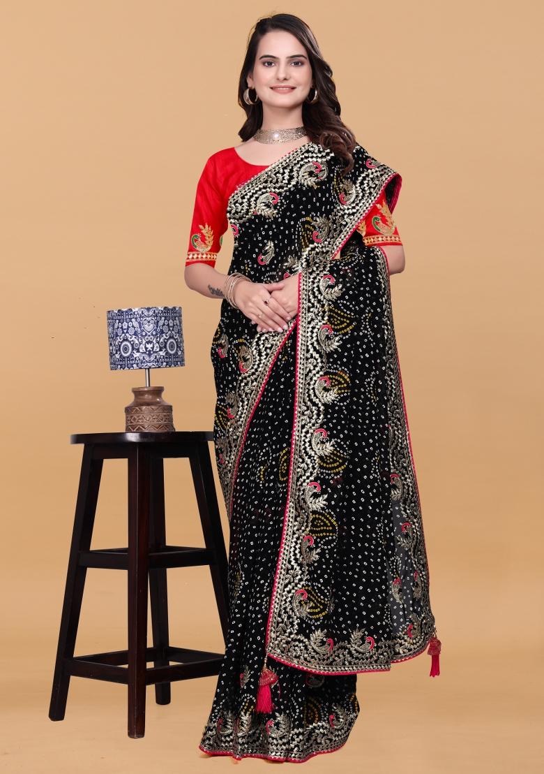 Black Zari Work Georgette Saree Set - Indya
