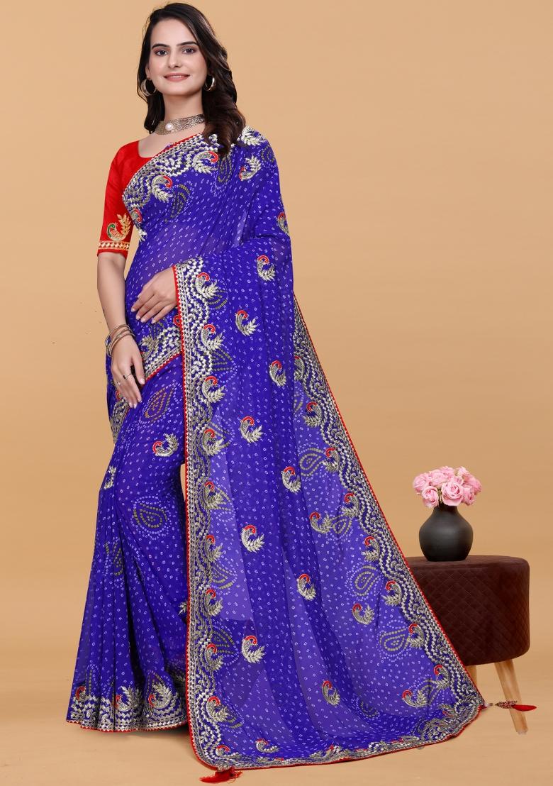Blue Zari Work Georgette Saree Set - Indya