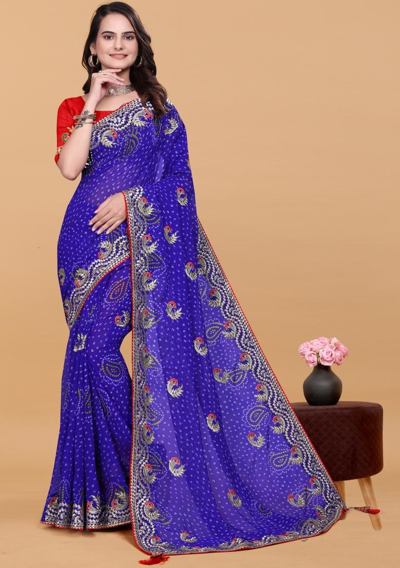 Blue Zari Work Georgette Saree Set - Indya