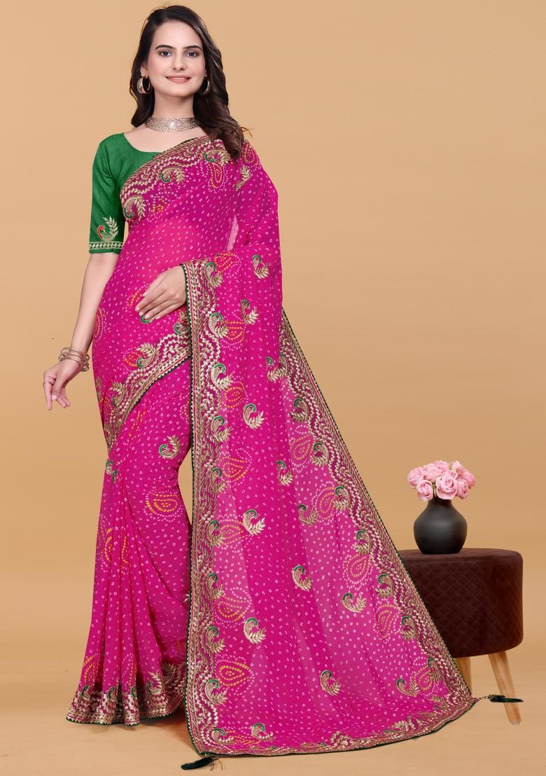 Pink Zari Work Georgette Saree Set - Indya