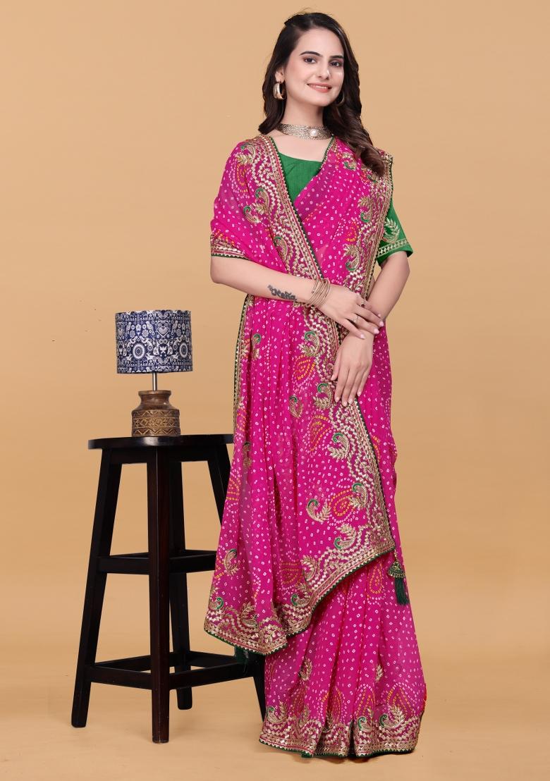 Pink Zari Work Georgette Saree Set - Indya