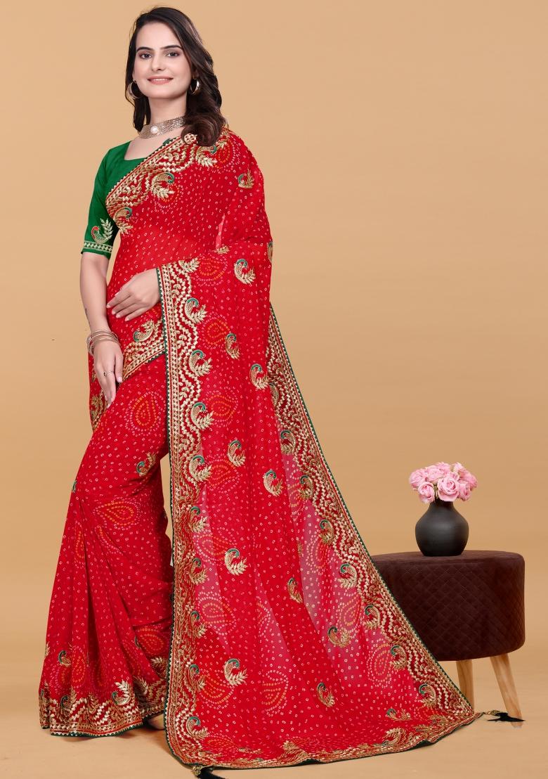 Red Zari Work Georgette Saree Set - Indya