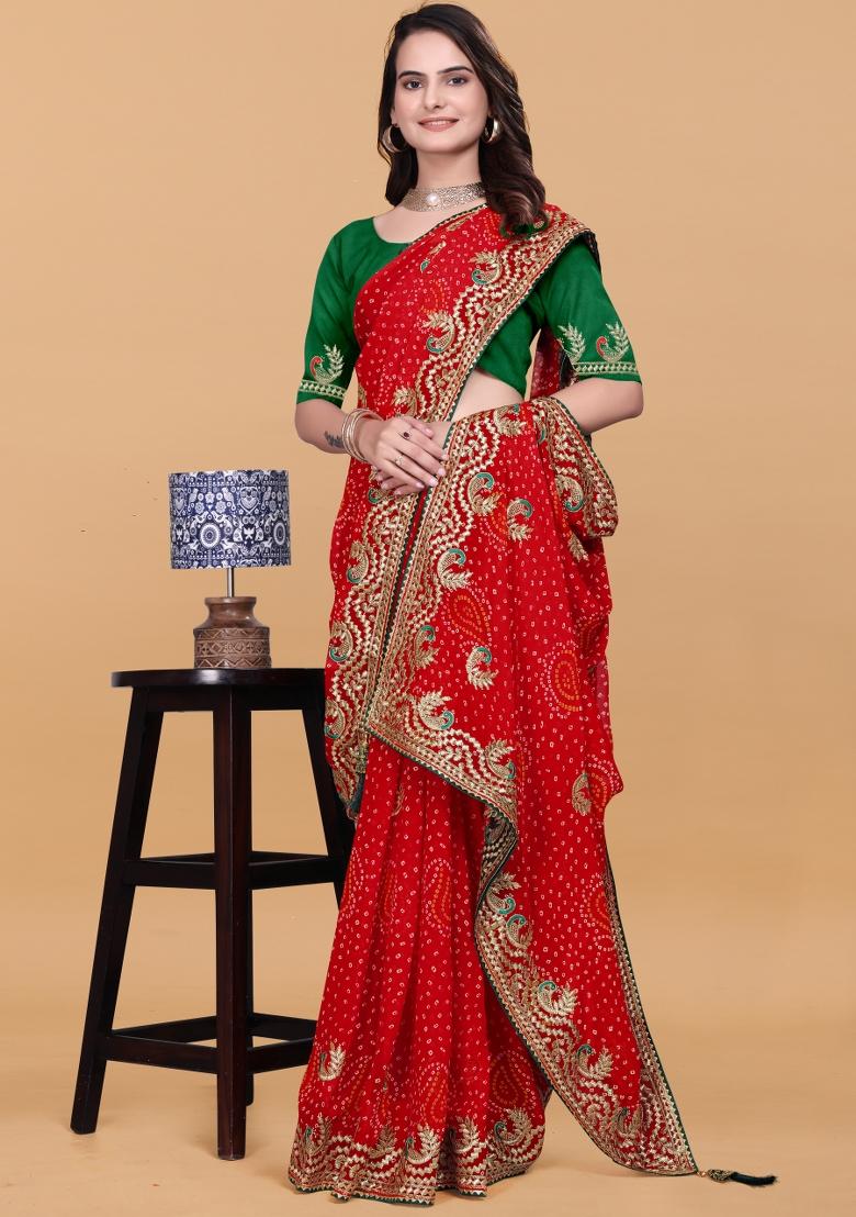 Red Zari Work Georgette Saree Set - Indya