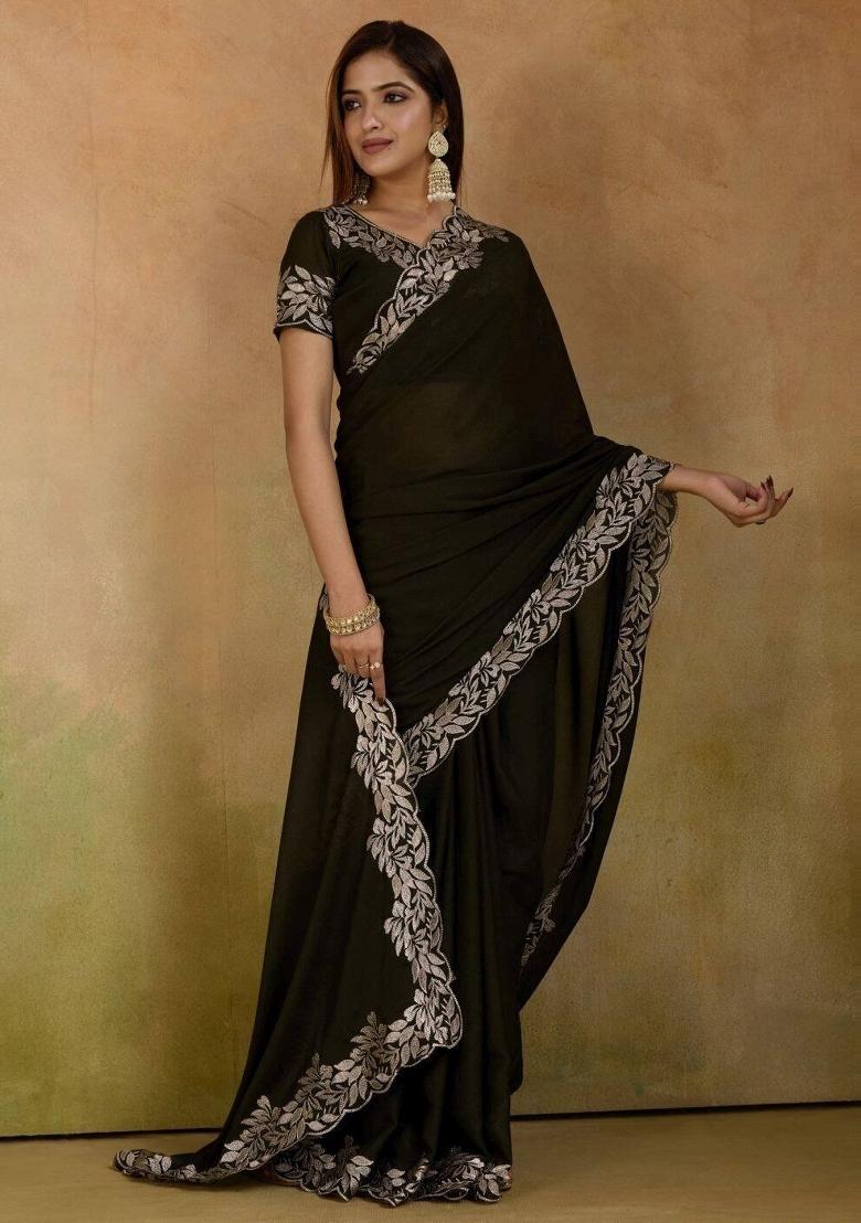 Mehendi Zari Work Georgette Saree Set - Indya