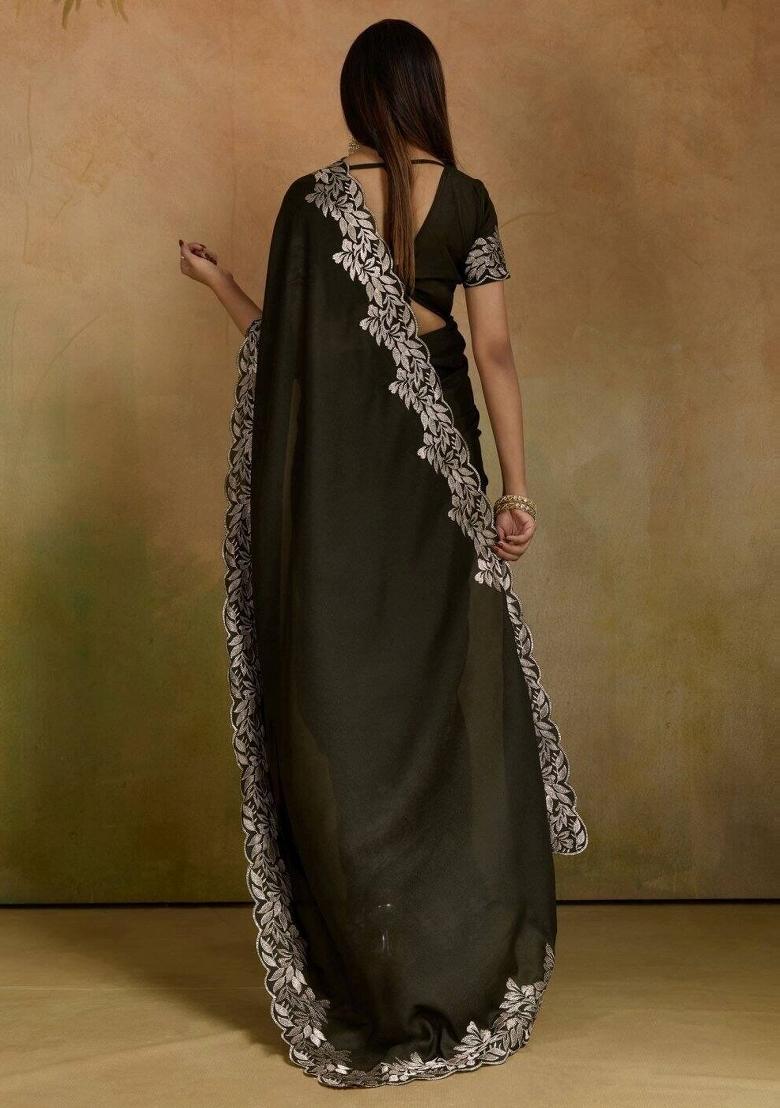 Mehendi Zari Work Georgette Saree Set - Indya