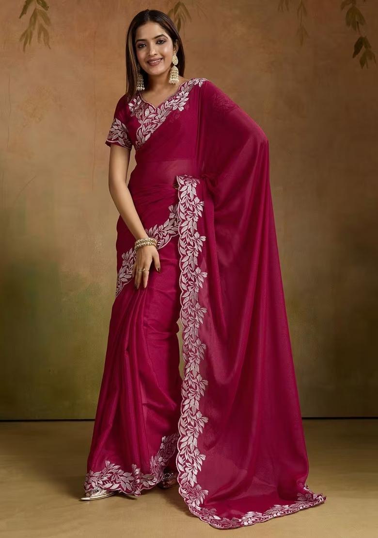 Pink Zari Work Georgette Saree Set - Indya