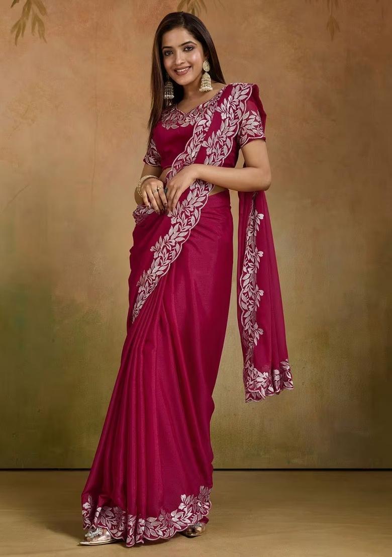 Pink Zari Work Georgette Saree Set - Indya