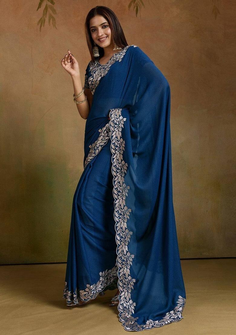 Rama Zari Work Georgette Saree Set - Indya