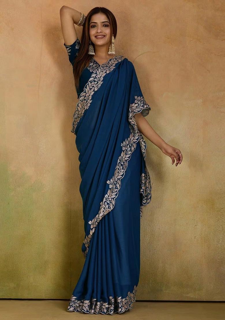 Rama Zari Work Georgette Saree Set - Indya