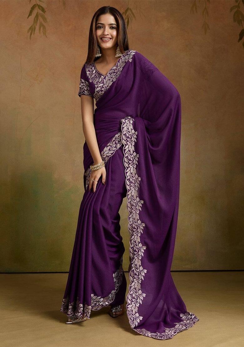 Wine Zari Work Georgette Saree Set - Indya