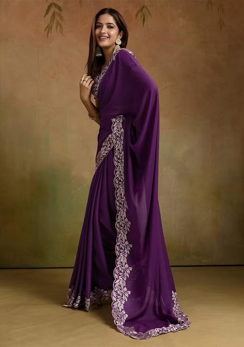 Wine Zari Work Georgette Saree Set - Indya