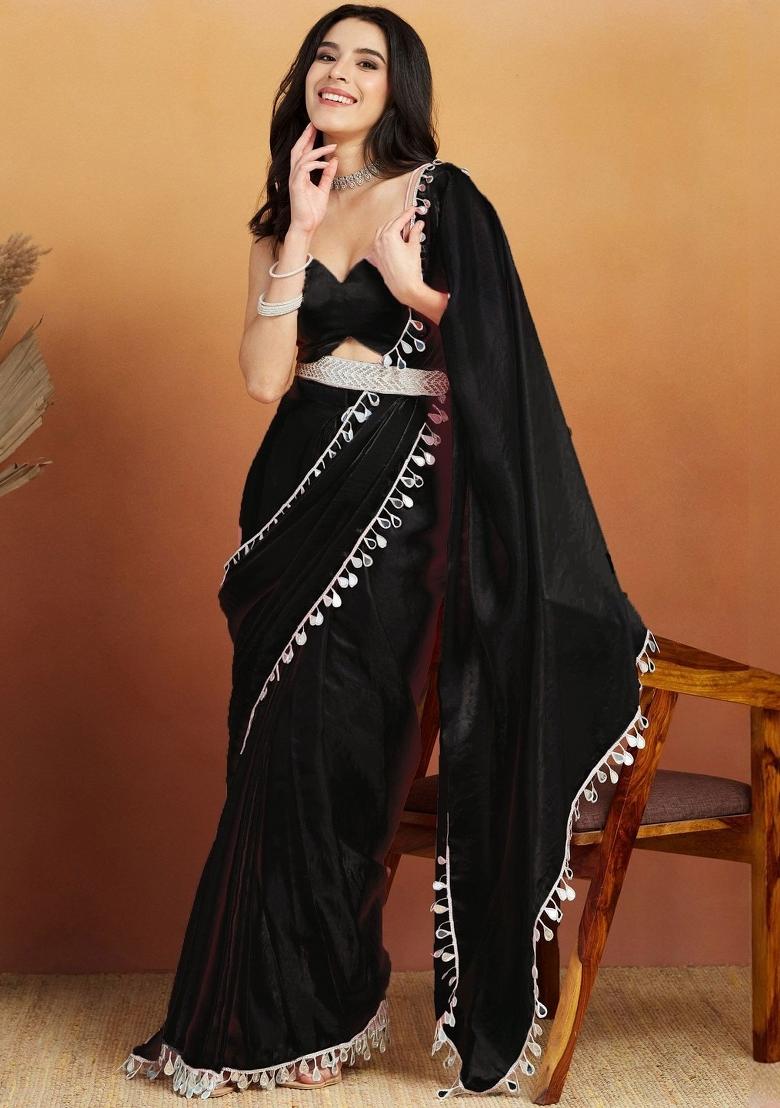 Black Zari Work Georgette Saree Set - Indya