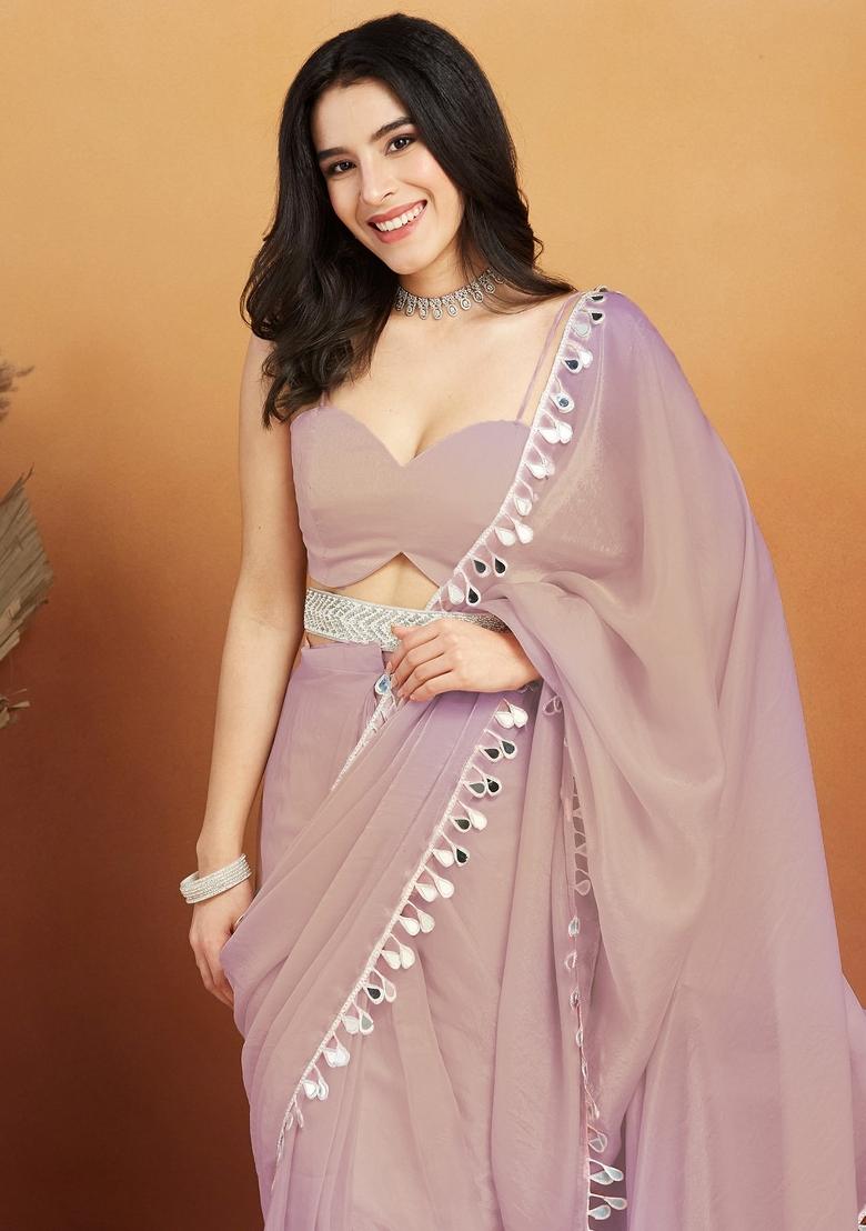 Pink Zari Work Georgette Saree Set - Indya