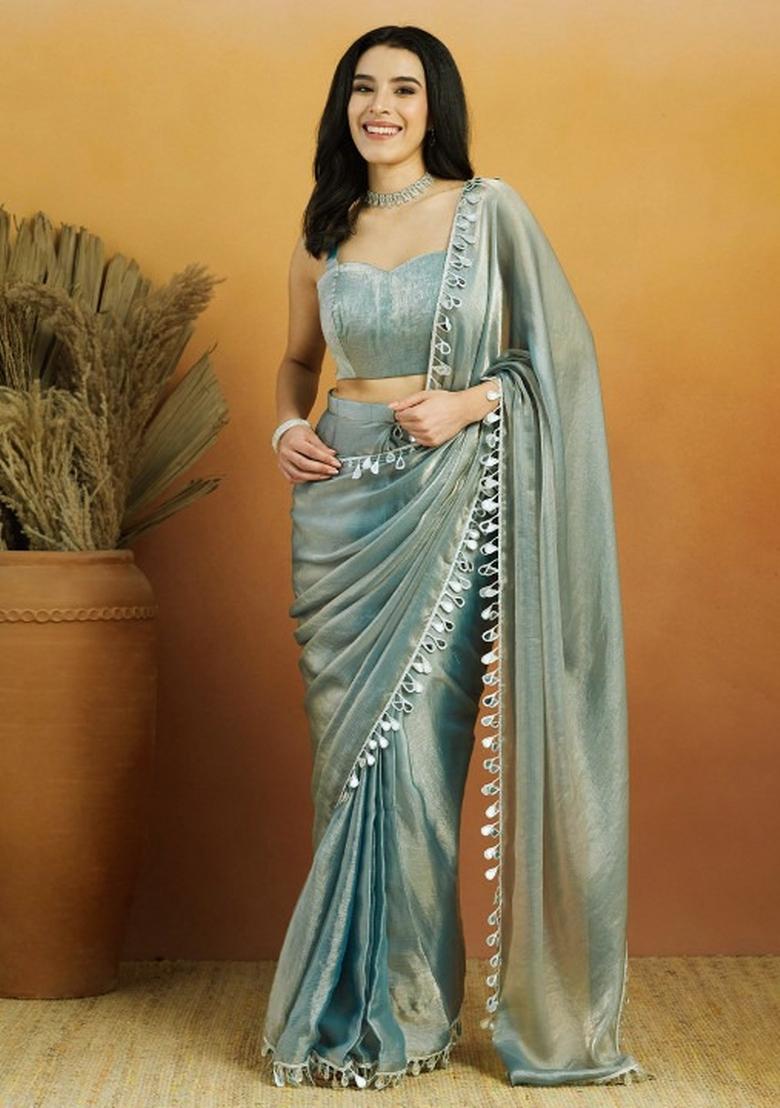 Pista Zari Work Georgette Saree Set - Indya