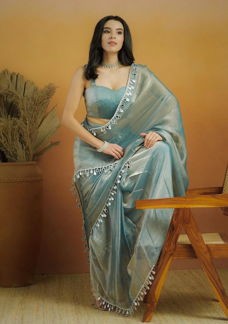 Pista Zari Work Georgette Saree Set - Indya