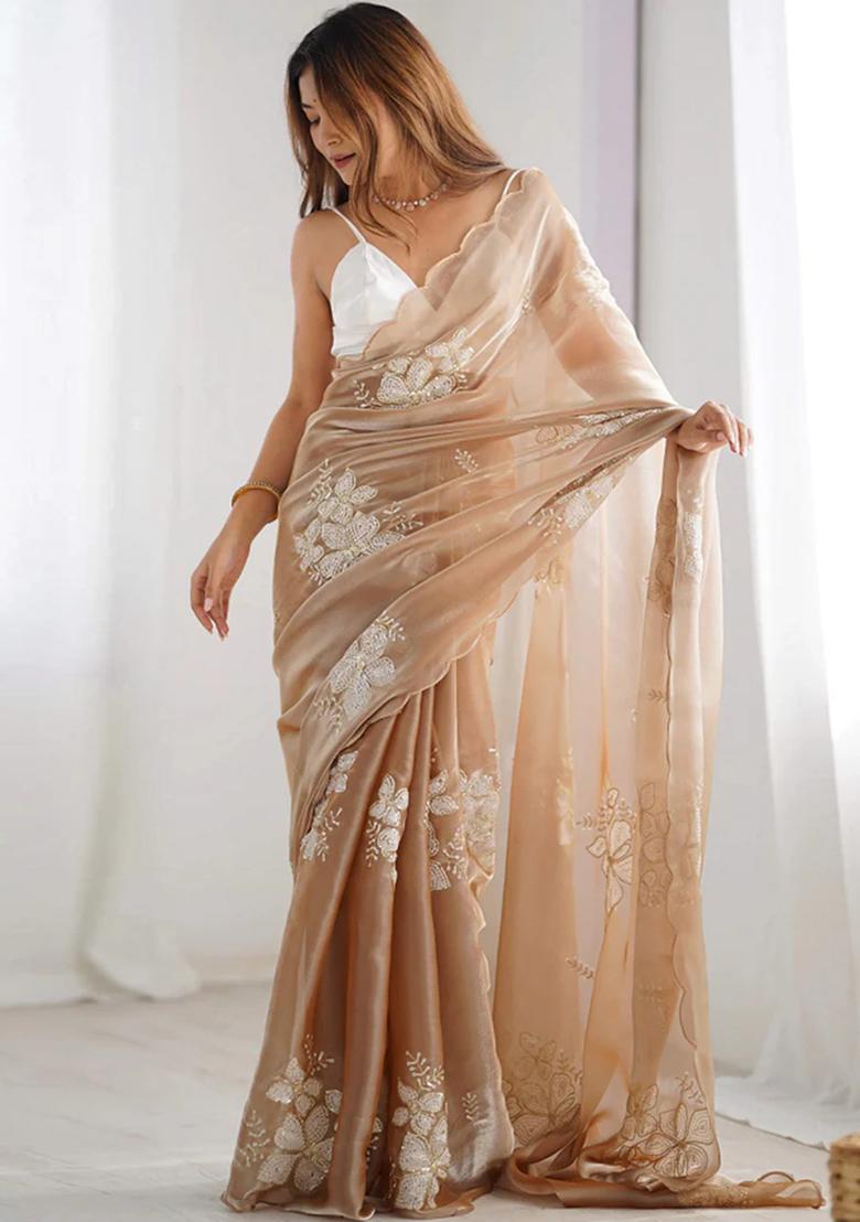 Golden Zari Work Satin Saree Set - Indya