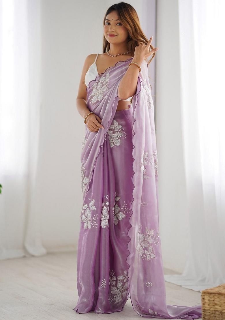 Onion Zari Work Satin Saree Set - Indya