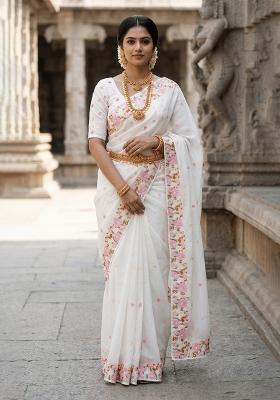 White Embroidered Chiffon Saree Set