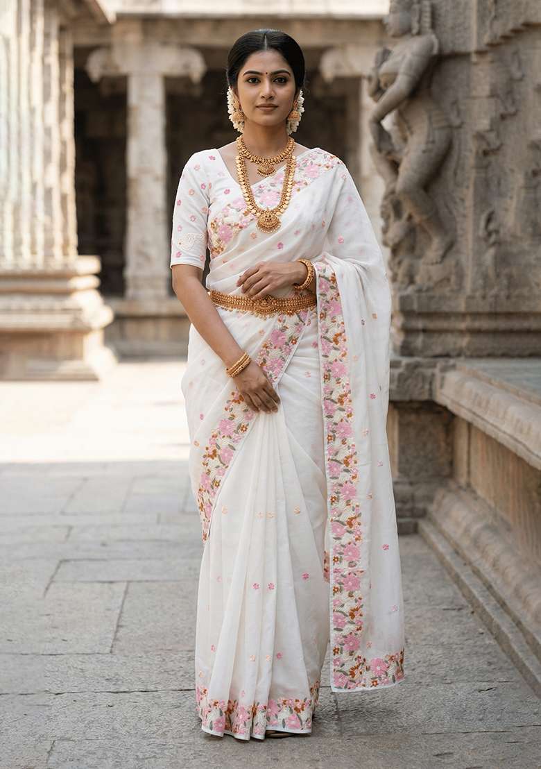 White Embroidered Chiffon Saree Set for Diwali and Festive Wear - Indya