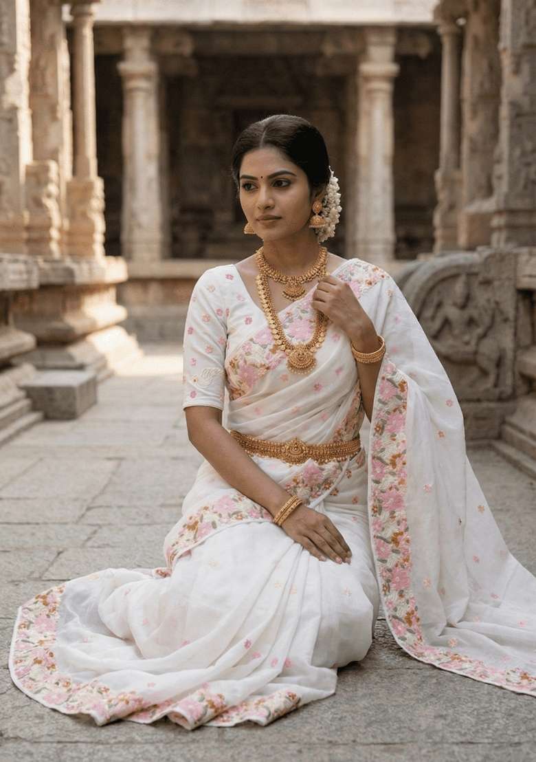 White Embroidered Chiffon Saree Set for Diwali and Festive Wear - Indya
