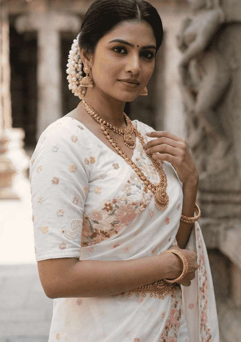White Embroidered Chiffon Saree Set for Diwali and Festive Wear - Indya