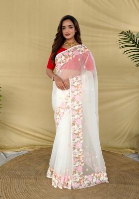 White Embroidered Chiffon Saree Set