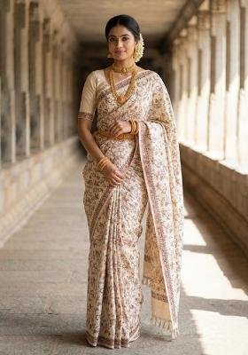 Cream Embroidered Silk Saree Set