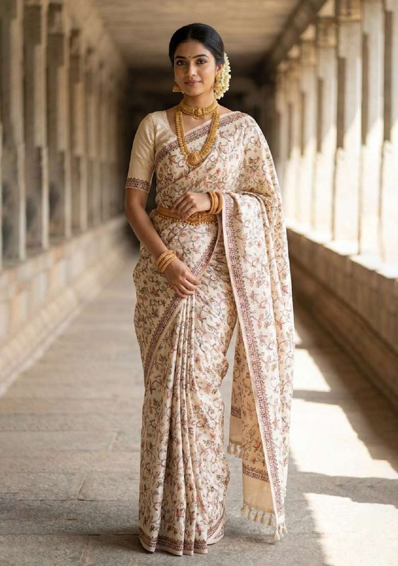 Cream Silk Blend Saree Set with Embroidered for Diwali | Wedding & Festive Wear - Indya