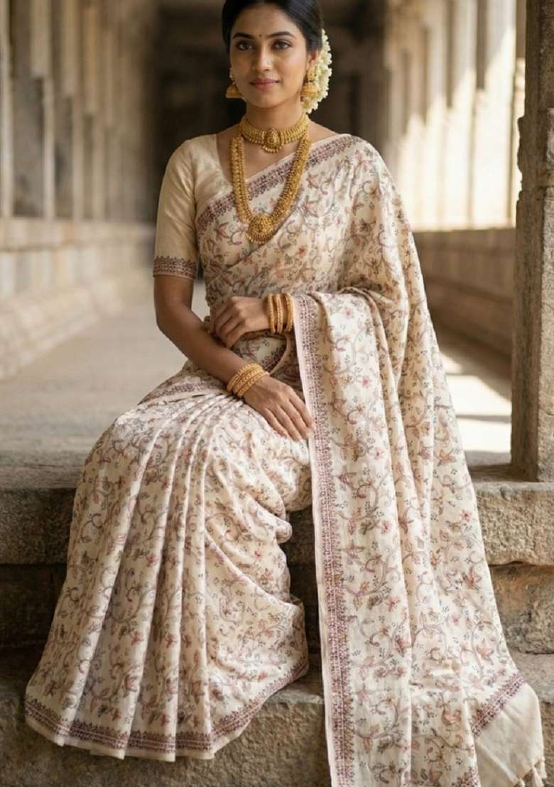 Cream Silk Blend Saree Set with Embroidered for Diwali | Wedding & Festive Wear - Indya