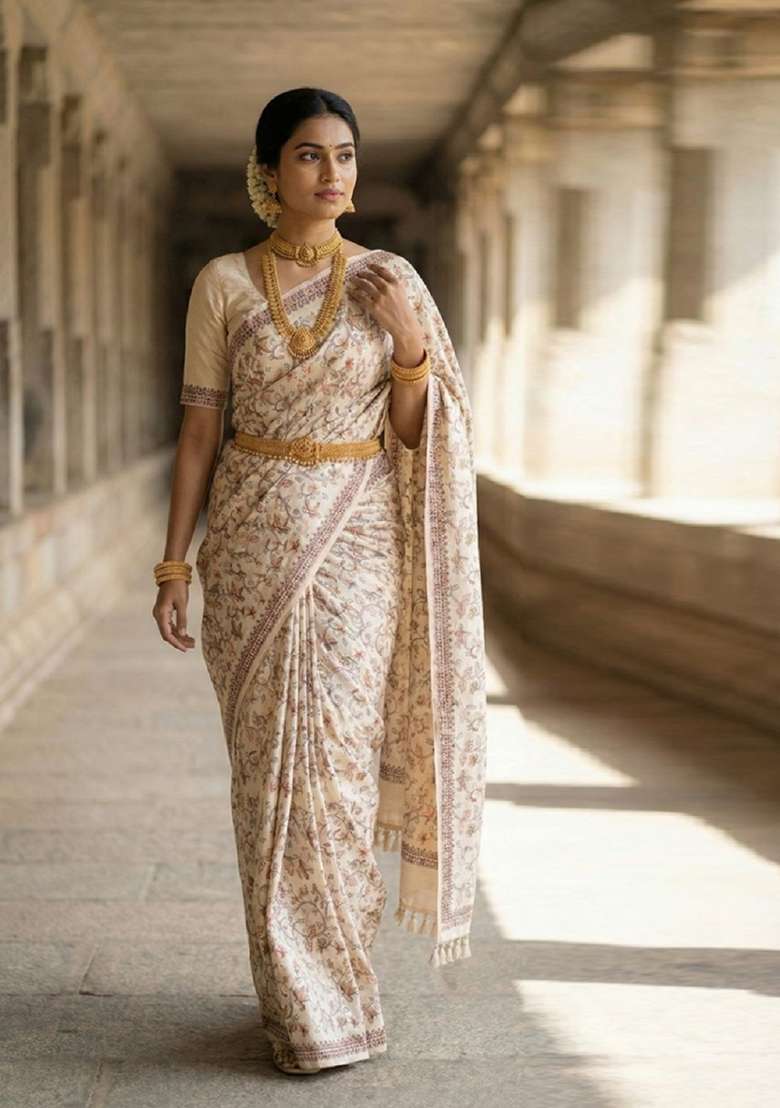 Cream Silk Blend Saree Set with Embroidered for Diwali | Wedding & Festive Wear - Indya